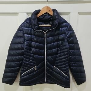 Calvin Klein Midnight Blue Puffer Down Quilted Jacket with Hood, Large, EUC